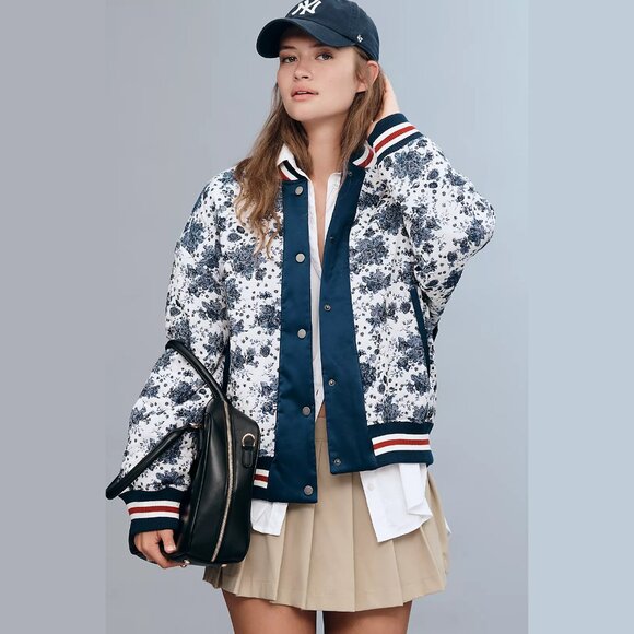 NEW Maeve Sizes M L Women's Floral Jacquard Bomber Jacket - Blue Floral Combo